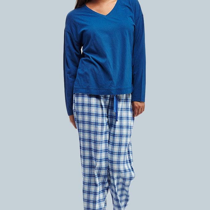 Plaid Pajama Mixed 2pc Set - BLUE for wholesale by La Cera