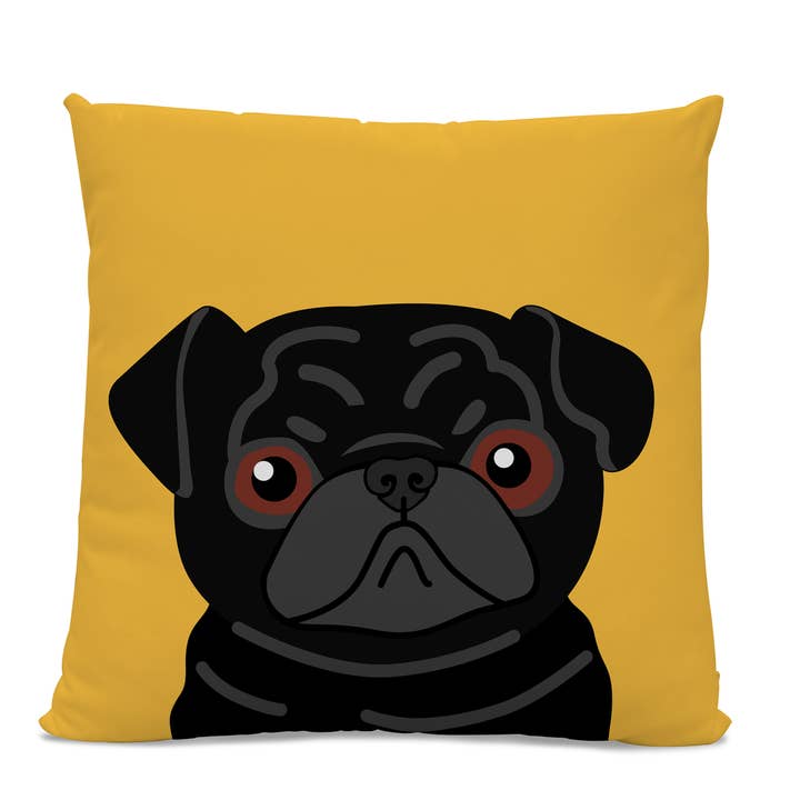 Schwarzer Mops auf gelbem Kissen 45,7 x 45,7 cm Baumwolltwill für den Großhandel von Sophisticated Pup