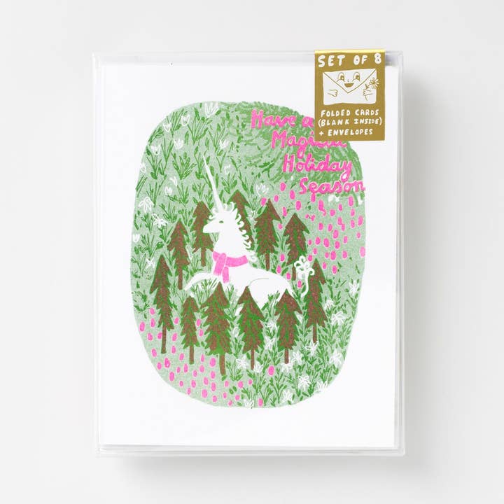 Set of 8 - Magical Holiday Unicorn Risograph Card for wholesale by Yellow Owl Workshop