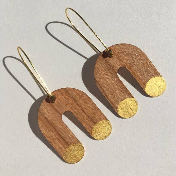 Rainbow Cherry Wood and 24k Gold U-shaped Arch Earrings for wholesale by Kohli Kraft