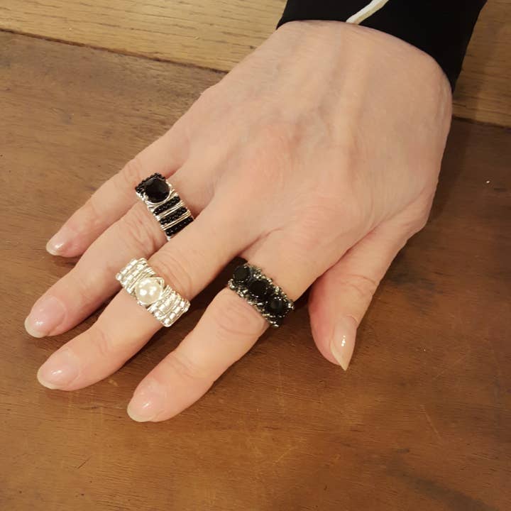 Wrap Your Style - Wholesale Cocktail/Statement Ring - Adjustable Silver Ring Center Black Stone3