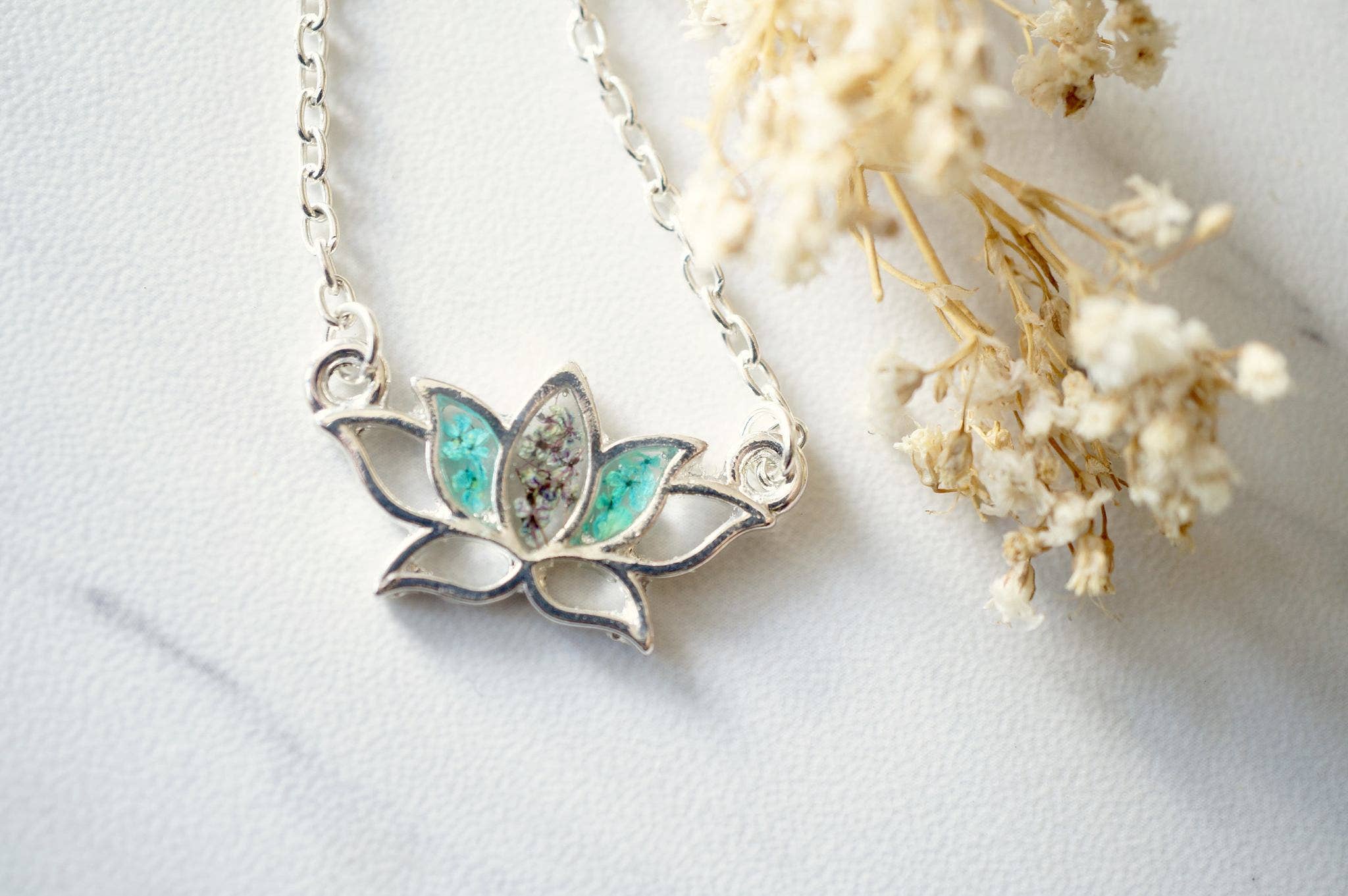 Ann + Joy - Wholesale Pendant/Charm Necklace - Silver Lotus Flower in Teal & Deep Purple Real Pressed Flowers and Resin Necklace3