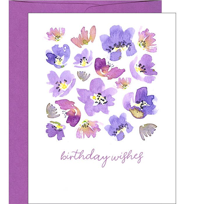 Pink Bathtub Designs – wholesale Birthday card – Watercolor Purple Geraniums Floral Birthday Card