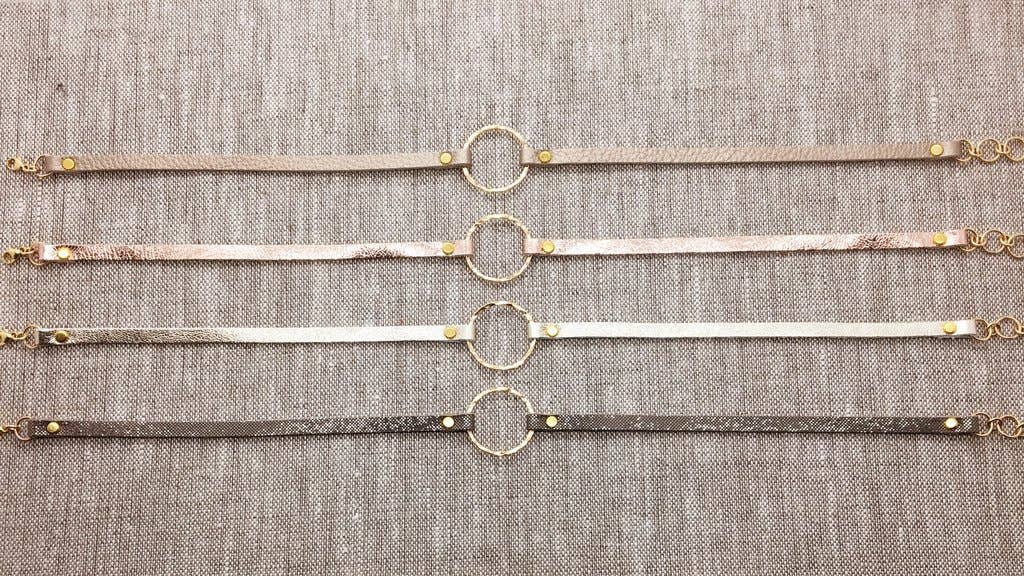 Devon Dowd Designs - Wholesale Charm/Dangle Bracelet - Single Gold Filled Circle & Metallic Leather0