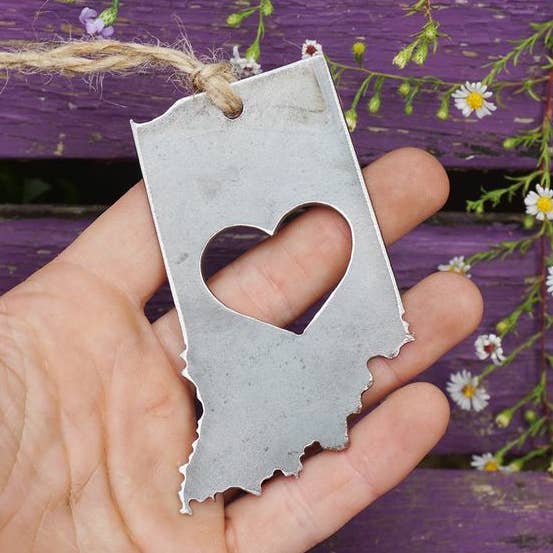 Indiana State Raw Steel Metal Ornament Sustainable Gift for wholesale by BE Creations & Designs, Inc.