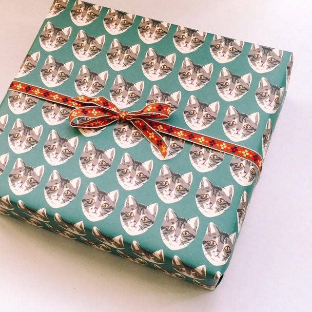 La Familia Green - Wholesale Flat Wrap - Green Cat Wrapping Paper Sheet1