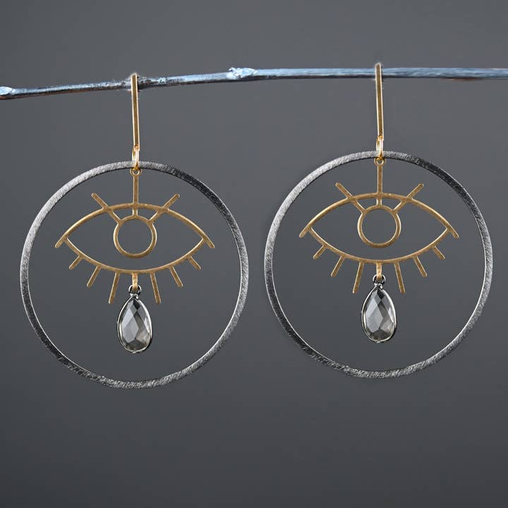 Bar Top Funky Eye Mixed Metal Hoop with Stone Earrings for wholesale by KBD Studio
