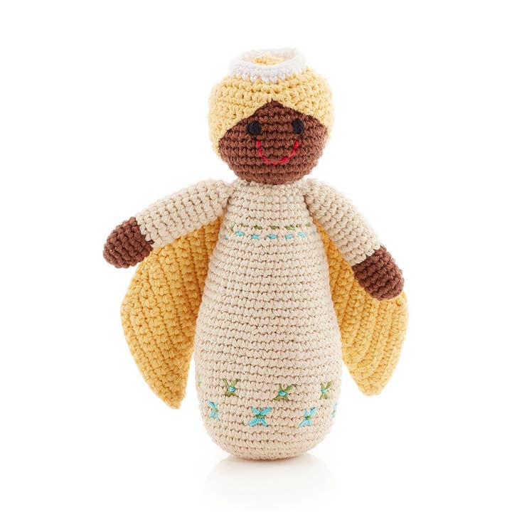 Christmas Angel Rattle in Butter Yellow – Soft & Heavenly for wholesale by Pebble