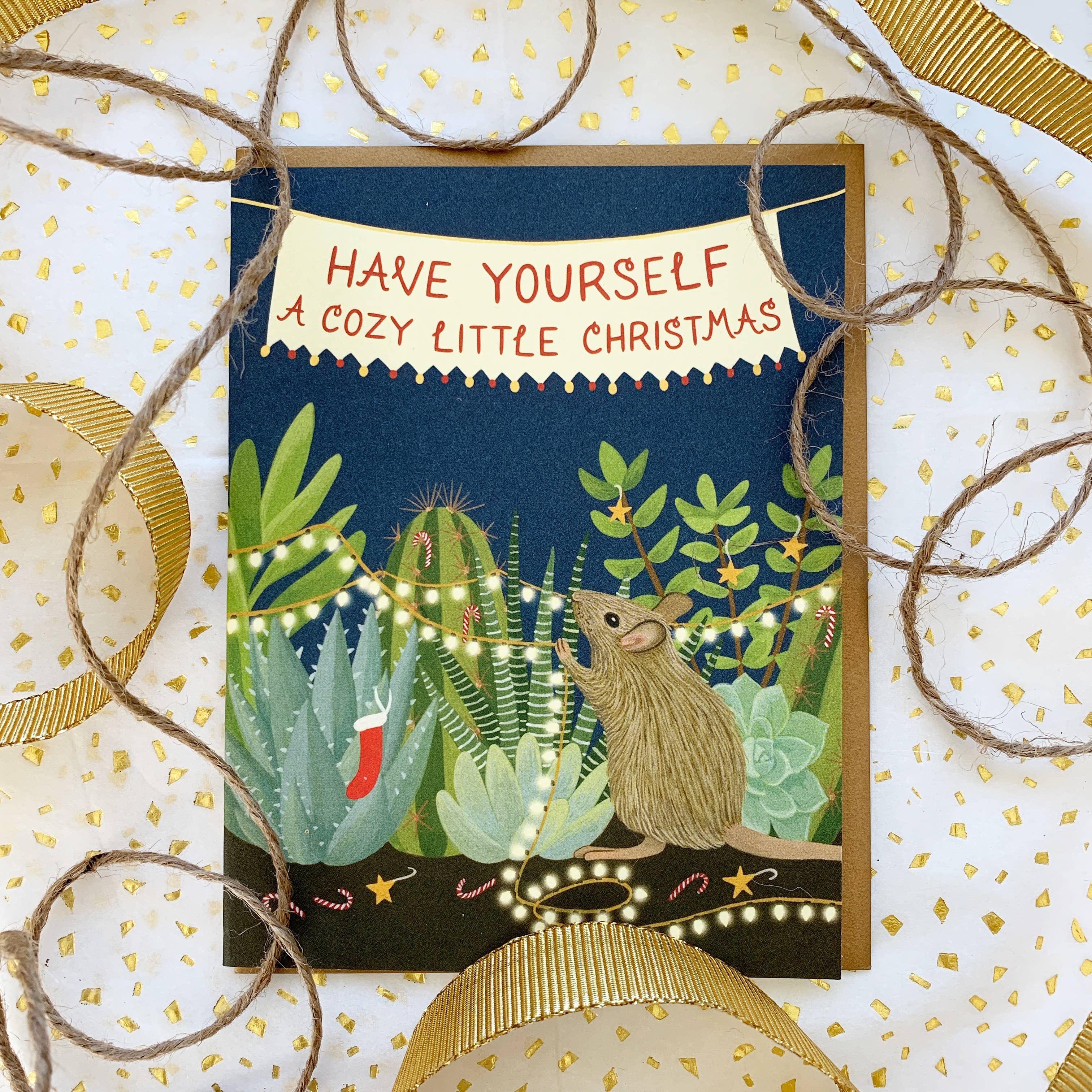 Yeppie Paper - Wholesale Christmas Card - Cozy Mouse with Succulents Holiday Lights Christmas Card1