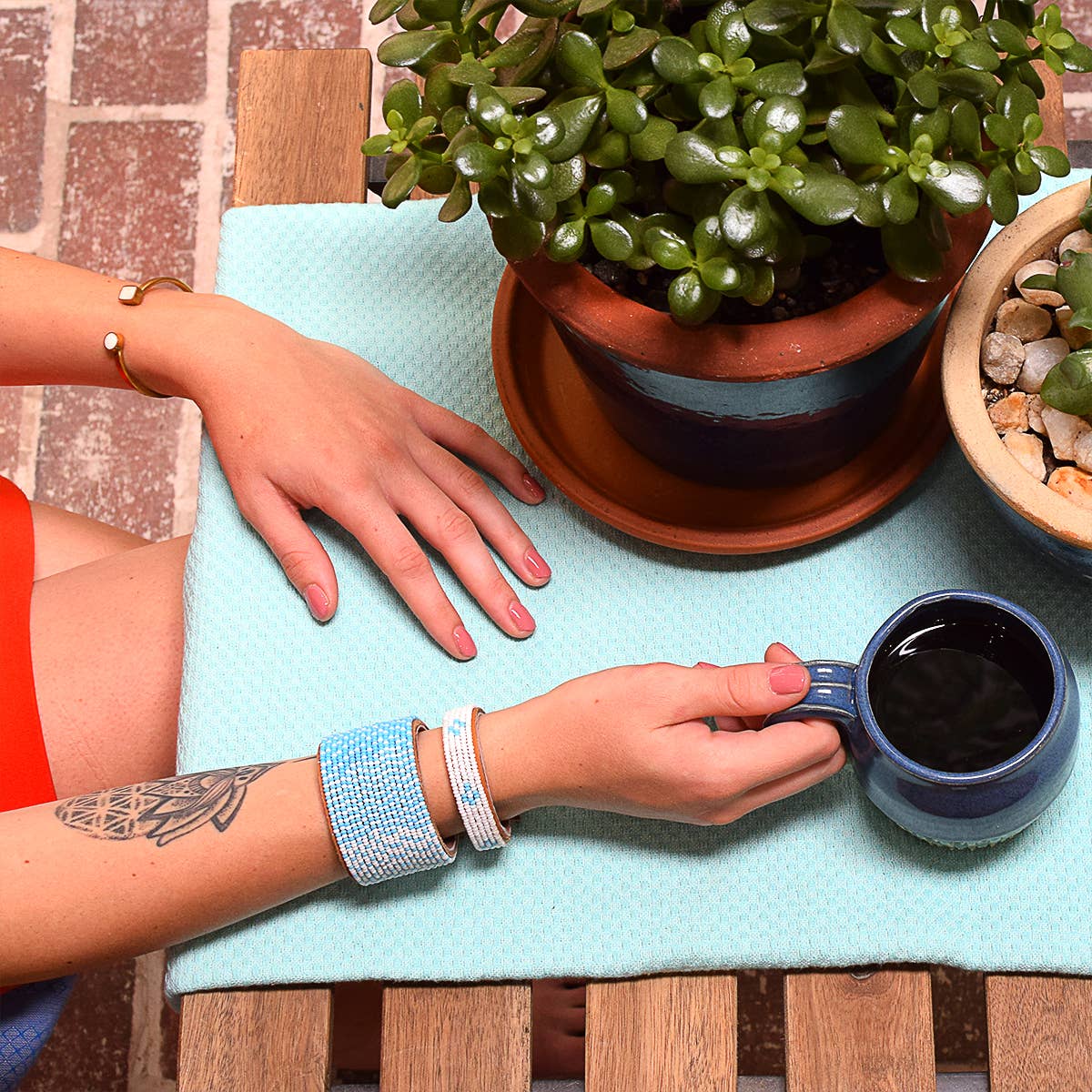 Swahili Coast - Wholesale Bangle Bracelet - Small Light Blue Chevron Leather Cuff2