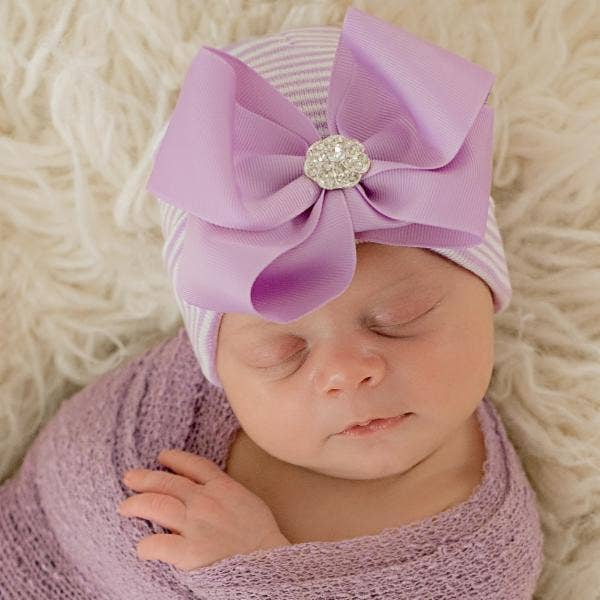 CIARA BOW Purple Striped Baby Hat Purple Bow with Gem Baby for wholesale by www.ilybean.com