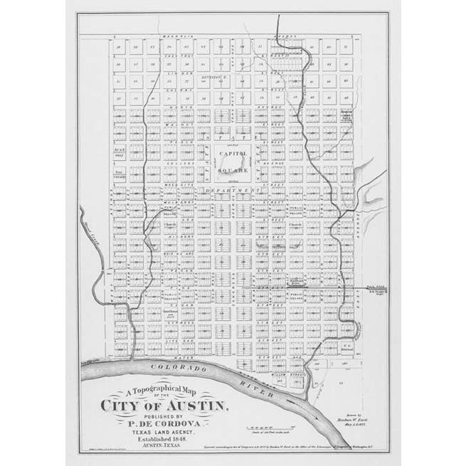 Austin en 1872 - Plan préliminaire de la capitale du Texas pour la vente par Historic Urban Plans, Inc.