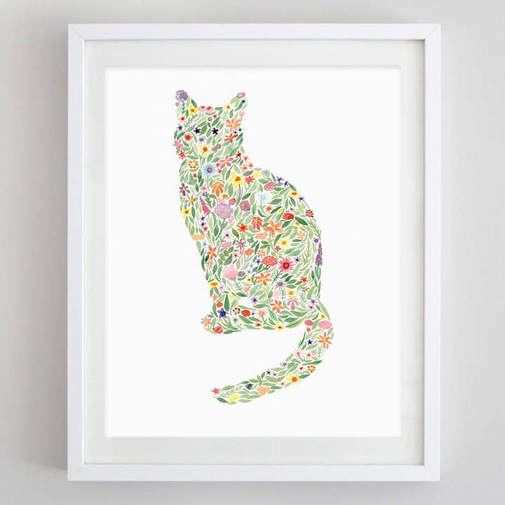 Cat Floral Watercolor Print for wholesale by Carly Rae Studio