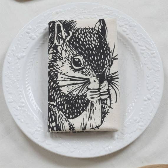 Hearth and Harrow - Wholesale Tea Towel - Organic Cotton Squirrel Tea Towel - Black - Woodland Animal