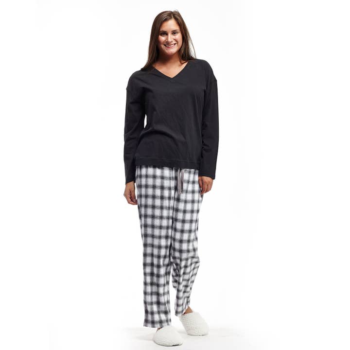 La Cera – wholesale Sleepwear set – Women's – Plaid Pajama Set - BLACK/WHITE