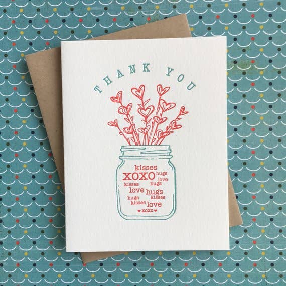 Lucky Bee Press - Vente Cartes de remerciements - Thank You Jar Hearts Lot de 6 cartes