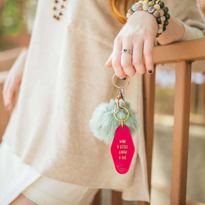 BOPS WHOLESALE - Wholesale Keychain - Women's - RETRO MOTEL KEYCHAIN "WINE A LITTLE, LAUGH ALOT"