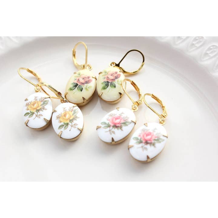 A Pocket of Posies - Wholesale Dangle Earrings - Pink Rose Oval Cameo Earrings - Vintage Glass