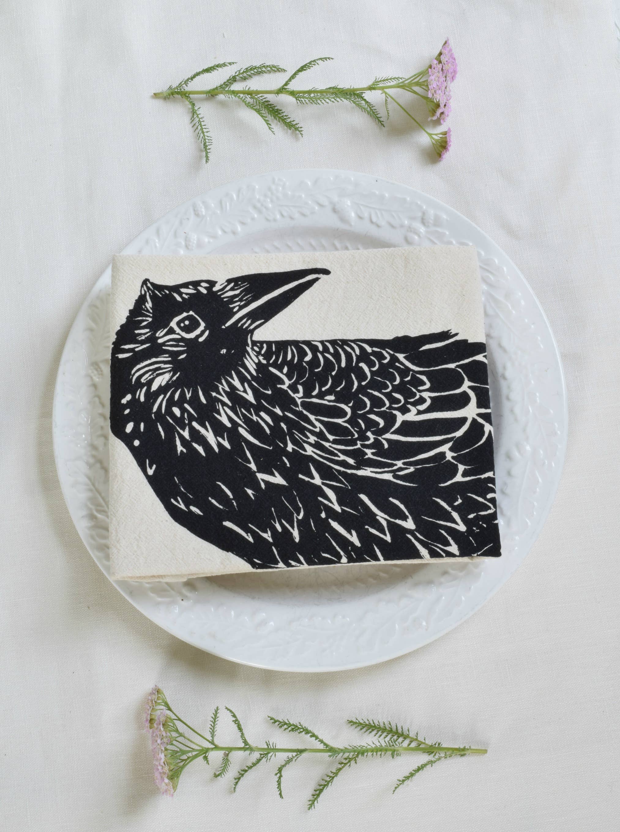 Hearth and Harrow - Wholesale Tea Towel - Organic Cotton Crow Tea Towel - Black - Raven Print - Bird2