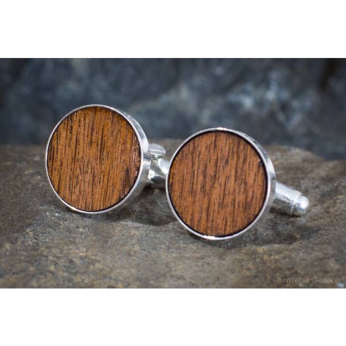 Round Hickory Smoked Wood Cufflinks for wholesale by Grateful Gadgets