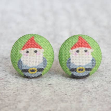 Lawn Gnome Fabric Button Earrings for wholesale by Rachel O's