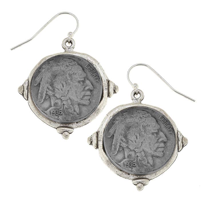 Silver Vintage Indian Head Coin Earrings for wholesale by Susan Shaw