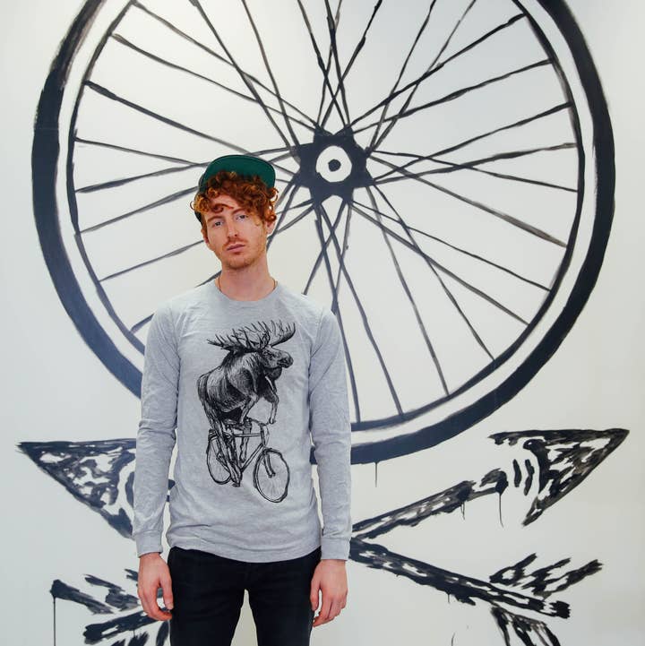 Moose On A Bicycle Long Sleeve Tee for wholesale by Dark Cycle Clothing