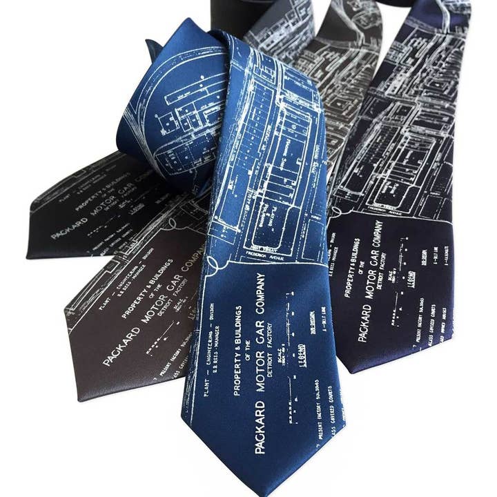 Packard Plant Engineering Blueprint Necktie, Detroit Map Tie for wholesale by Cyberoptix Tie Lab