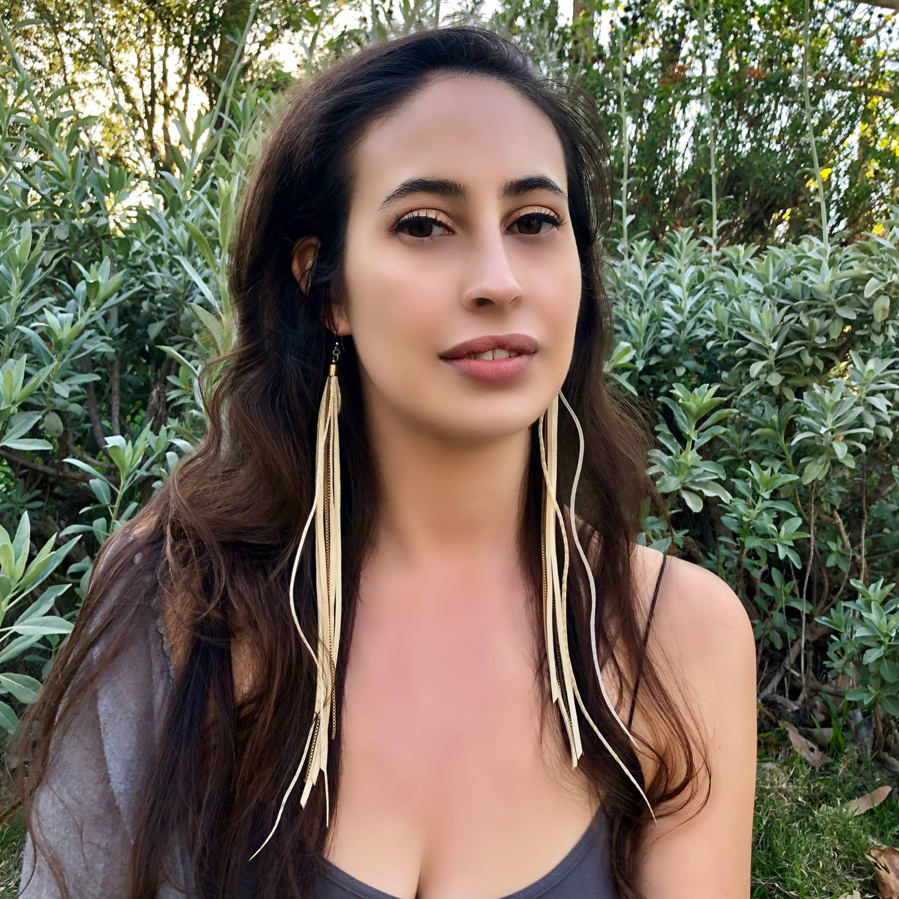 ASTALI - Wholesale Tassel Earrings - Leather & Feather Long Earring - Cream & Blonde Stripe, Boho2