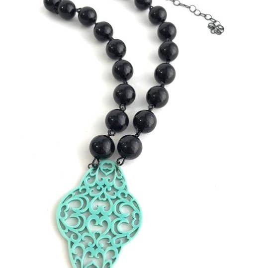 Black & Turquoise Boho Lace Beaded Aleta Necklace for wholesale by Leetie Lovendale