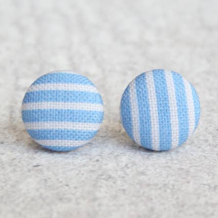Rachel O's - Wholesale Stud/Post Earrings - Blue Stripes Fabric Button Earrings