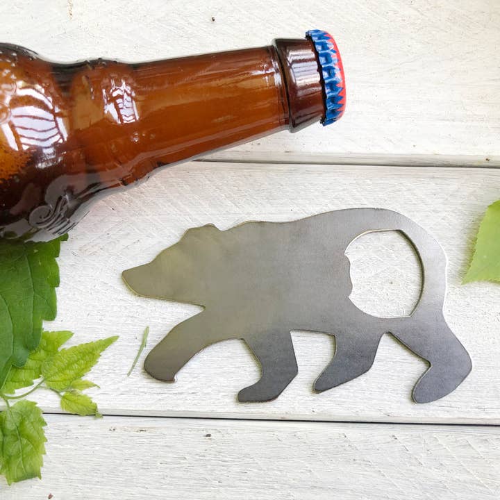 Bear Metal Bottle Opener made from recycled raw steel for wholesale by BE Creations & Designs, Inc.