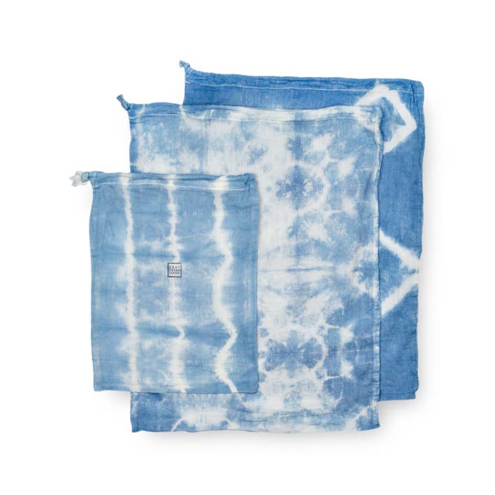 Gray Green Goods - Vente Sacs de course/à provisions - Lot de 3 sacs de coton réutilisables, tie-dye indigo3
