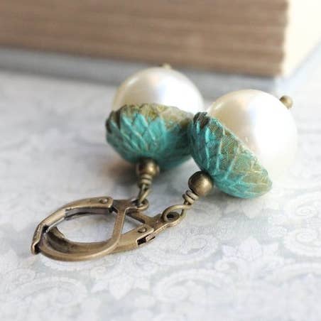 A Pocket of Posies - Wholesale Dangle Earrings - ivory Pearl Acorn Earrings - Verdigris Patina0