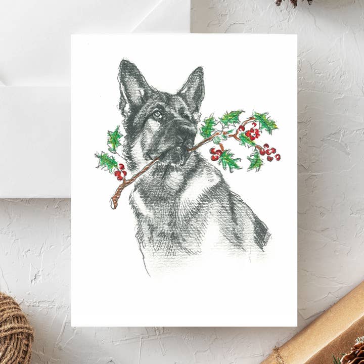 Biglietto di Natale per cani | Biglietto di auguri per cane pastore tedesco per la vendita all'ingrosso da parte di Fable & Sage