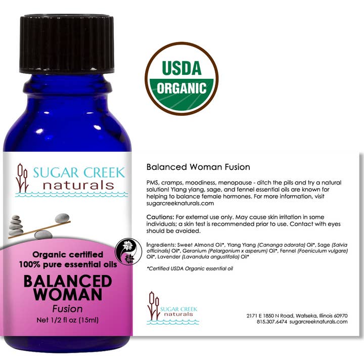 Balanserad kvinna fusion organisk eterisk olja blandning 15ml för wholesale av Sugar Creek Naturals