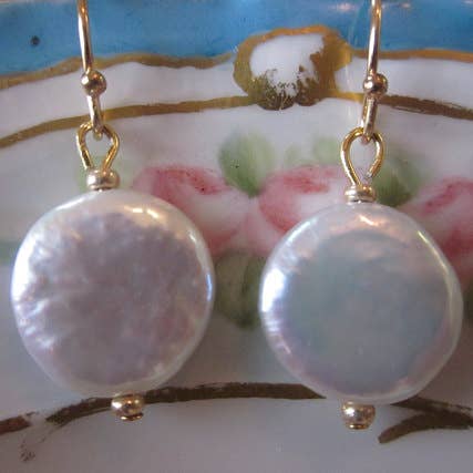 Laalee Jewelry - Wholesale Dangle Earrings - Gold White Freshwater Coin Pearl Earrings0