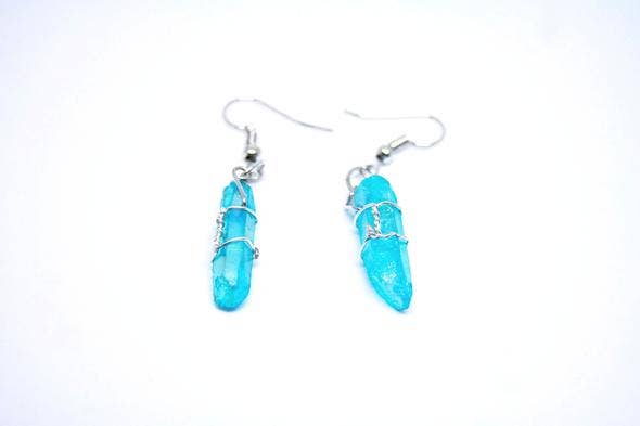 Foxfire Stones - Wholesale Dangle Earrings - Titanium Coated Aquamarine Raw Uncut Healing Stone Dainty Light Dangle Earrings