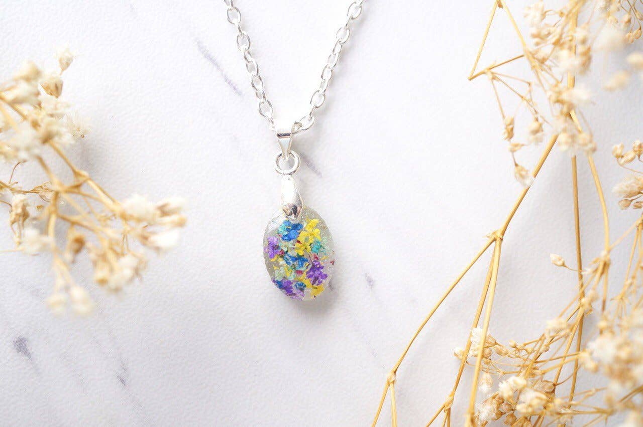 Ann + Joy - Wholesale Pendant/Charm Necklace - Oval in Mint, Yellow & Purple Real Dried Flowers in Resin Necklace0