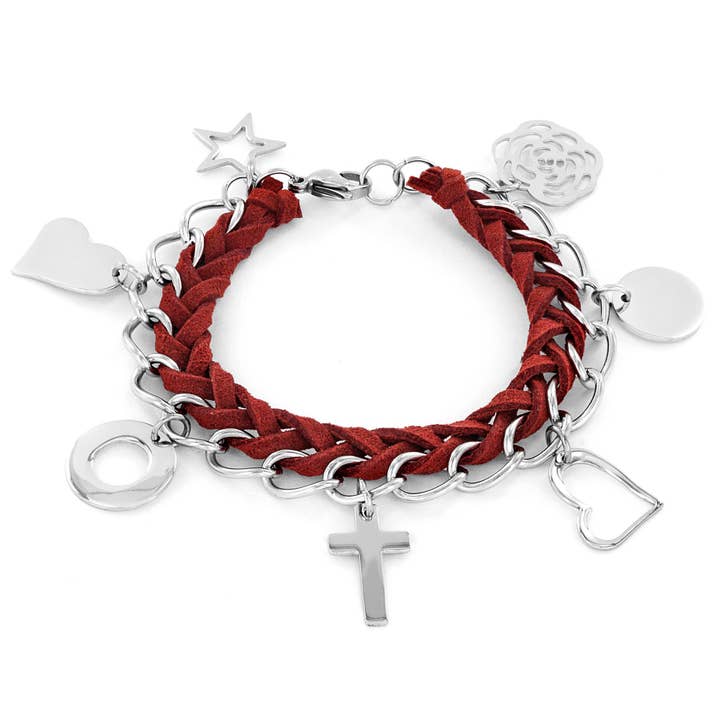 West Coast Jewelry - Wholesale Charm/Dangle Bracelet - Stainless Steel Dangle Charms Red Woven Leather Bracelet