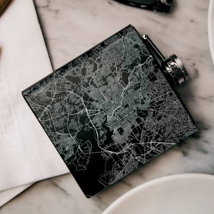 Baltimore MD Map Hip Flask in Matte Black for wholesale by JACE.design