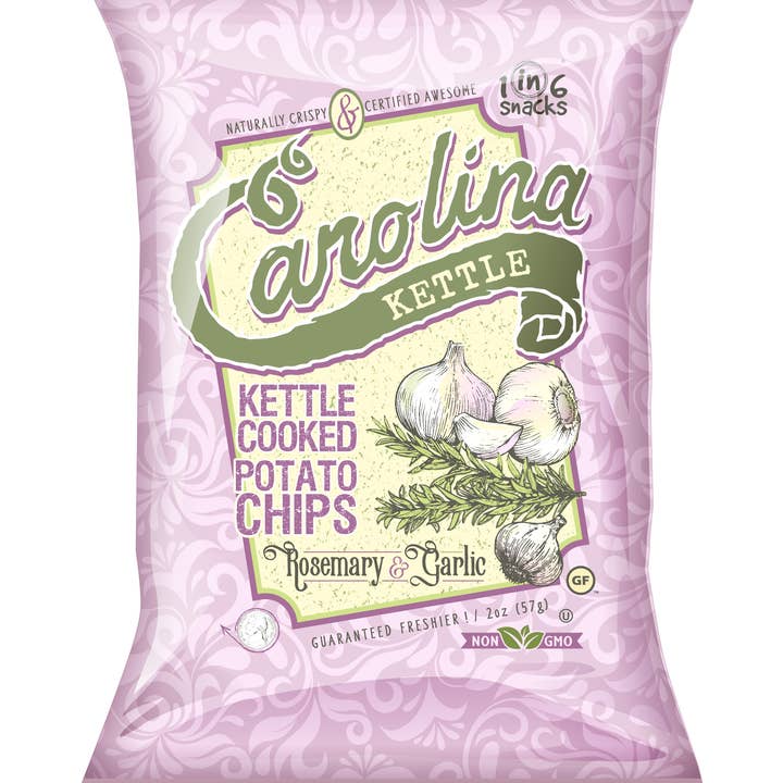 1 in 6 Snacks- Carolina Kettle chips- Rustic Roots - Wholesale Chips - 2 oz Rosemary Garlic Case(20)