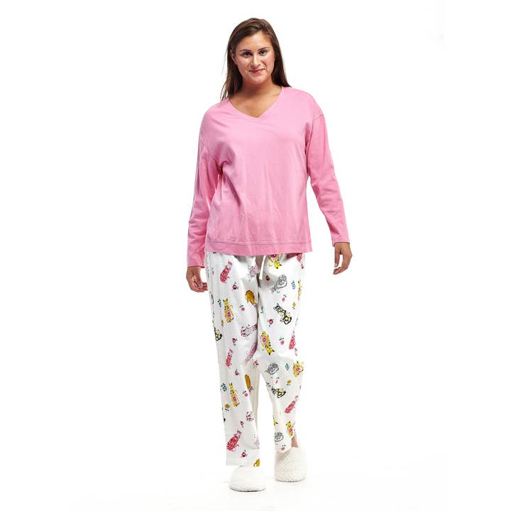 Pyjama mit Katzenmotiv, 2-teilig, elfenbeinfarben für den Großhandel von La Cera