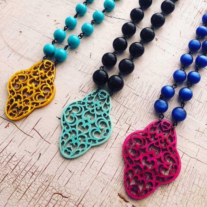 Leetie Lovendale - Wholesale Pendant/Charm Necklace - Navy Blue & Hot Pink Boho Lace Beaded Aleta Necklace5