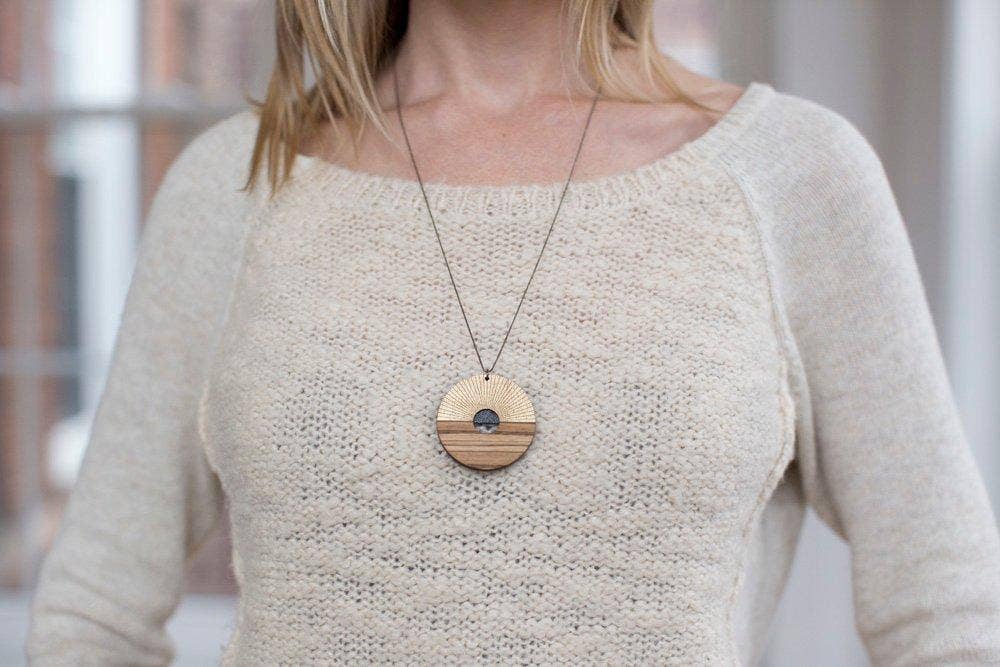 Bird of Virtue - Wholesale Pendant/Charm Necklace - Sunrise Necklace | Radiating lines long wood pendant3