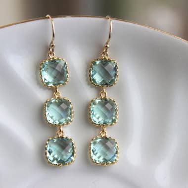 Laalee Jewelry - Wholesale Dangle Earrings - Gold Prasiolite Light Green Three Tier Earrings