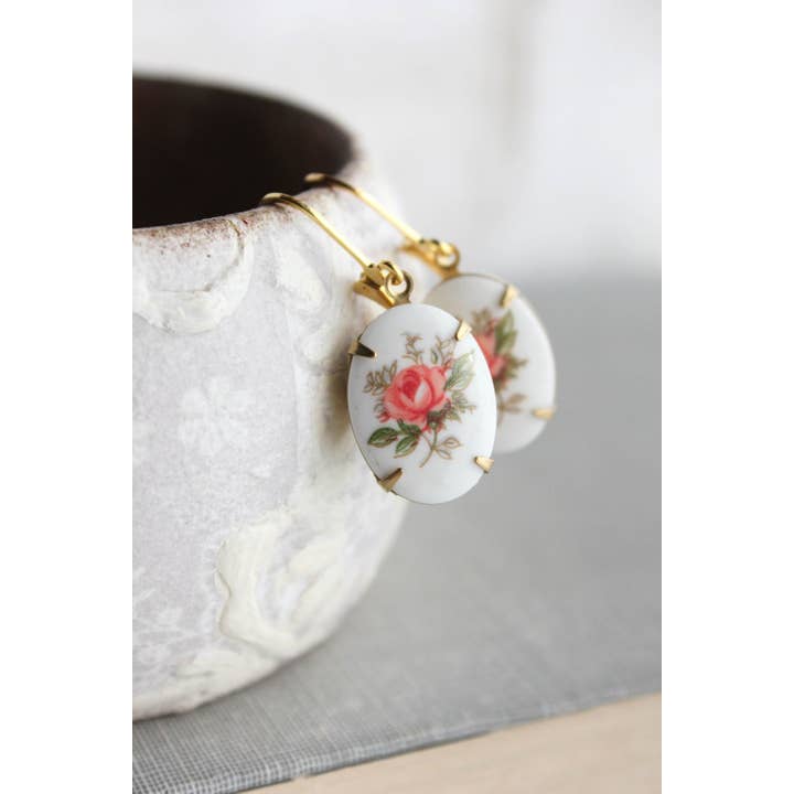 A Pocket of Posies - Wholesale Dangle Earrings - Pink Rose Oval Cameo Earrings - Vintage Glass