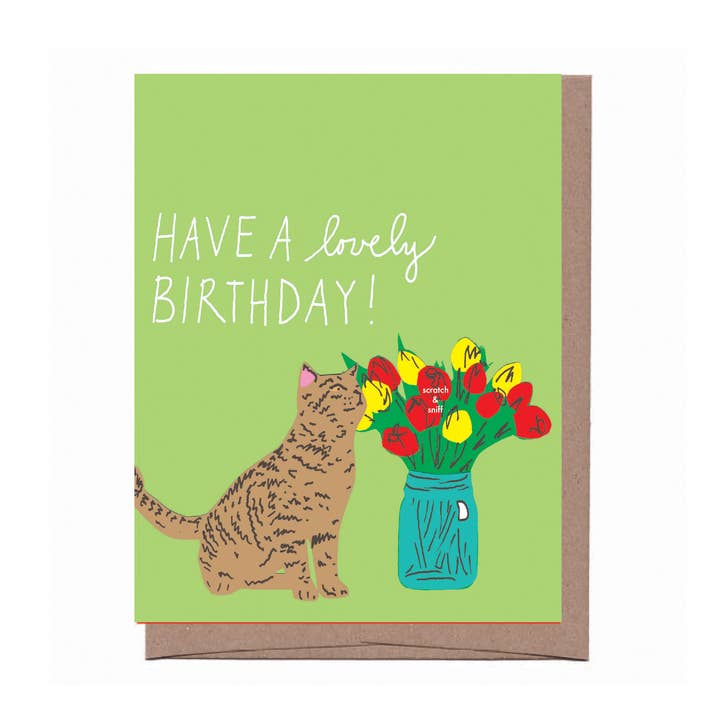 Scratch & Sniff Flower Cat Birthday Greeting Card for wholesale by La Familia Green