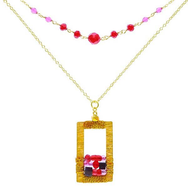 Marquet - Wholesale Pendant/Charm Necklace - Rose Geometric Rectangle Beaded Necklace with Crystal Beads