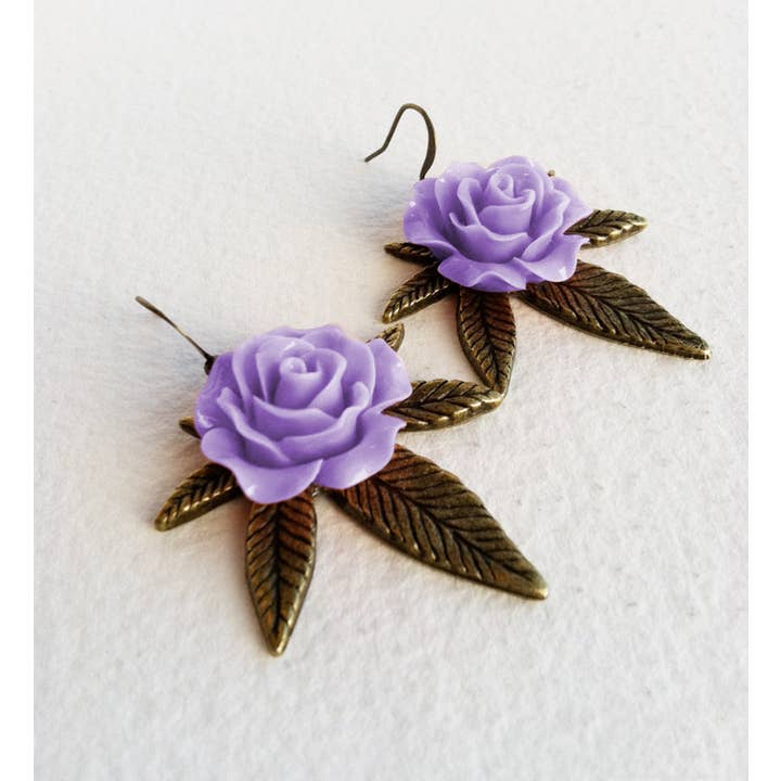 Cannabis Rose Weed Earrings Jewelry - Bronze and Lilac for wholesale by Smokies Toke Couture